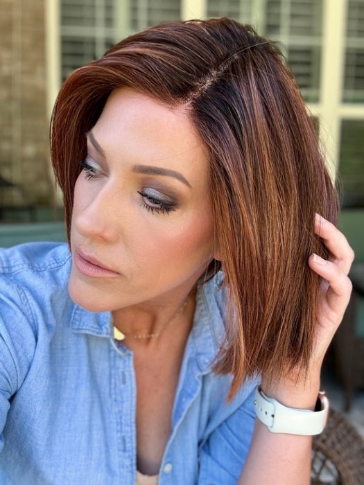 Kristyna Moore @kristynamoore wearing LIA II by ELLEN WILLE in color CINNAMON BROWN ROOTED 33.30.130 | Dark Auburn, Light Auburn and Deep Copper Brown with Dark Shaded Roots