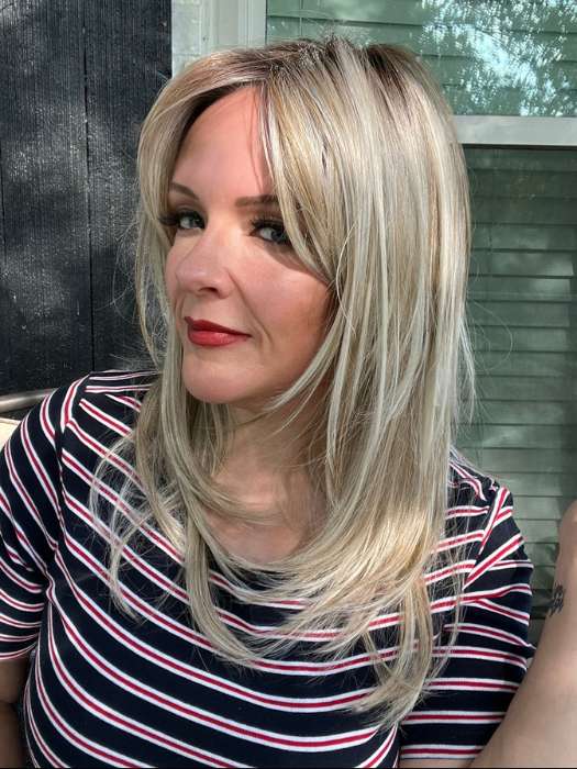 Marcie Mertz @wig.obsessed wearing SPOTLIGHT by RAQUEL WELCH WIGS in color RL19/23SS SHADED BISCUIT | Light Ash Blonde Evenly Blended with Cool Platinum Blonde with Dark Roots FB MAIN IMAGE