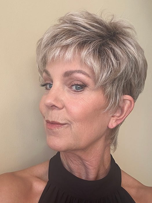 Susan S. @an_affair_with_hair wearing STRAIGHT CHIC by RAQUEL WELCH in RL19/23SS SHADED BISCUIT | Light Ash Blonde Evenly Blended with Cool Platinum Blonde with Dark Roots