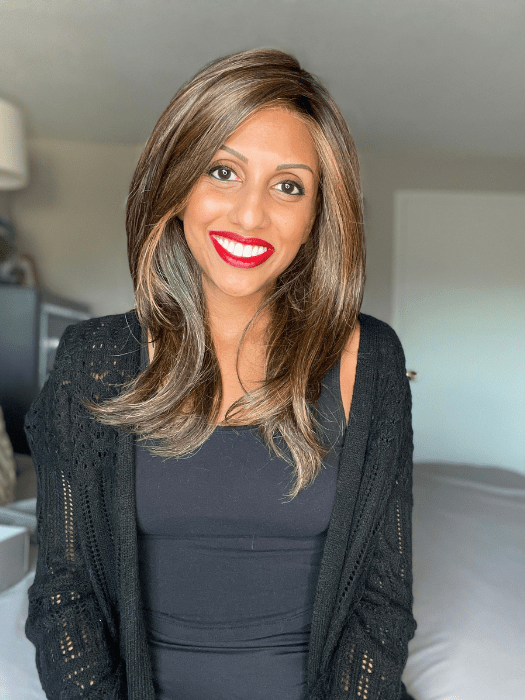 Supriya Surender @baldieboo wearing SPOTLIGHT ELITE by RAQUEL WELCH WIGS in color RL8/29SS SHADED HAZELNUT | Warm Medium Brown Evenly Blended with Ginger Blonde with Dark Roots