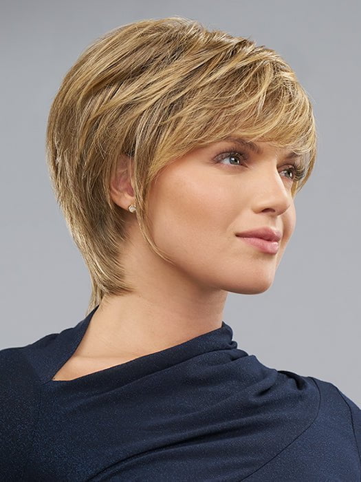 A short heat friendly wig sports a sleek bob haircut with longer hair in the nape area