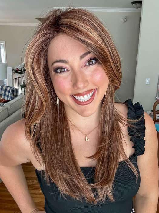 Jen @being_mrs_brown wearing SIZZLE by TRESSALLURE in color 33/32/R4 | Dark Auburn Blended with Dark Brown and Dark Roots
